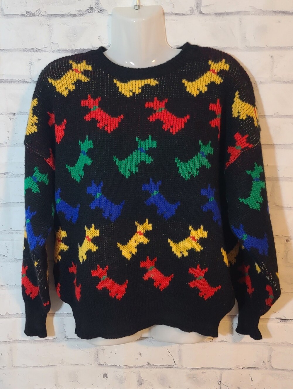 Vintage Scottish Wool Scottie Dog Multi Color Print Sweater
